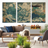 60346622-MGV-CV-36X24-Tsukioka Yoshitoshi Samurai Wall Art Print, Japanese Katana Warrior Canvas Wall Art, Octopus Sea Monster Canvas Print,