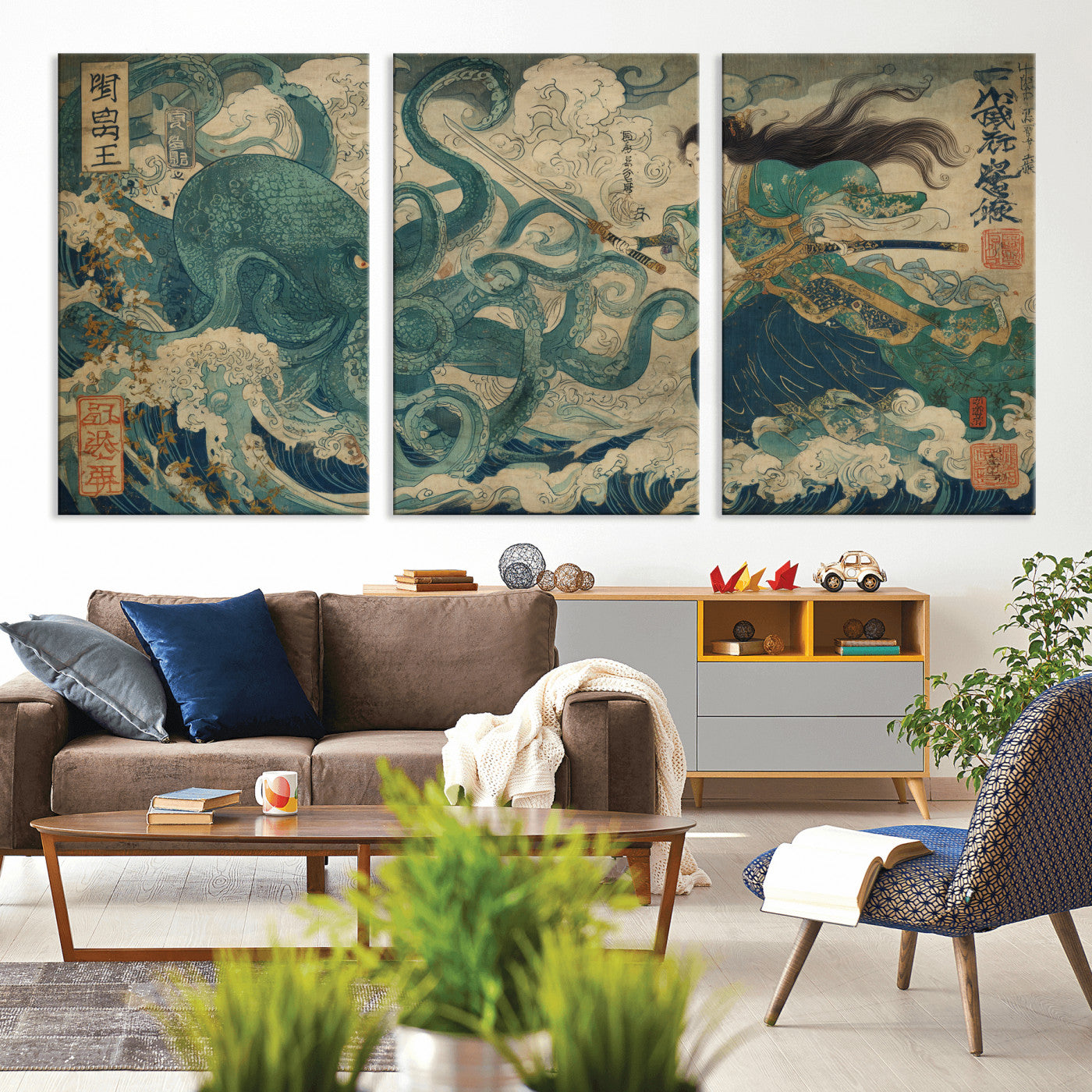 60346622-MGV-CV-36X24-Samurai Warrior vs Octopus Wall Art – Japanese Ukiyo-e Style Ocean Battle Canvas Print, Traditional Samurai Artwork for Living