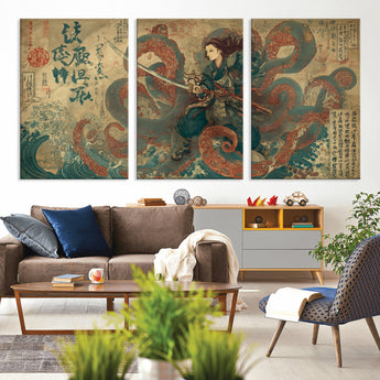 98593115-MGV-CV-36X24-Tsukioka Yoshitoshi Samurai Wall Art Print, Japanese Katana Warrior Canvas Wall Art, Octopus Sea Monster Canvas Print,