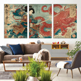 68844327-MGV-CV-36X24-Tsukioka Yoshitoshi Samurai Wall Art Print, Japanese Katana Warrior Canvas Wall Art, Octopus Sea Monster Canvas Print,