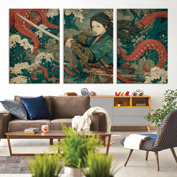 35461724-MGV-CV-36X24-Samurai Woman vs Octopus Wall Art – Japanese Ukiyo-e Ocean Waves Canvas Print, Red Tentacle Battle Artwork for Living Room,