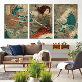 63377977-MGV-CV-36X24-Tsukioka Yoshitoshi Samurai Wall Art Print, Japanese Katana Warrior Canvas Wall Art, Octopus Sea Monster Canvas Print,