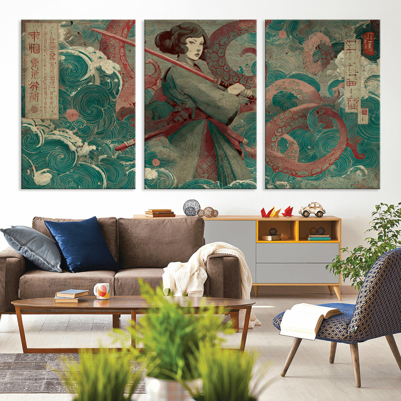 91666601-MGV-CV-36X24-Samurai Woman vs Octopus Wall Art – Japanese Ukiyo-e Green Robe Canvas Print, Ocean Battle Artwork for Living Room, Office, Man