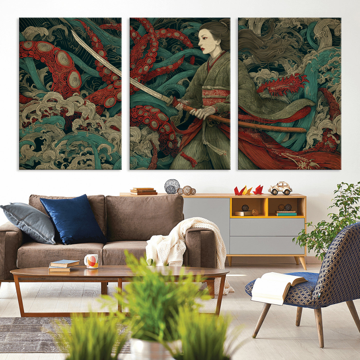 18902796-MGV-CV-36X24-Samurai Woman vs Octopus Wall Art – Japanese Ukiyo-e Green Kimono Canvas Print, Ocean Battle Scene Artwork for Living Room,