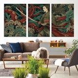 18902796-MGV-CV-36X24-Samurai Woman vs Octopus Wall Art – Japanese Ukiyo-e Green Kimono Canvas Print, Ocean Battle Scene Artwork for Living Room,