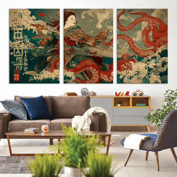 60201267-MGV-CV-36X24-Samurai Woman vs Octopus Wall Art – Japanese Ukiyo-e Armor Canvas Print, Red Tentacle Ocean Battle Artwork for Living Room,