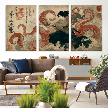 82737246-MGV-CV-36X24-Samurai Woman vs Octopus Wall Art – Japanese Ukiyo-e Dual Sword Canvas Print, Red Tentacle Ocean Battle Artwork for Living Room,