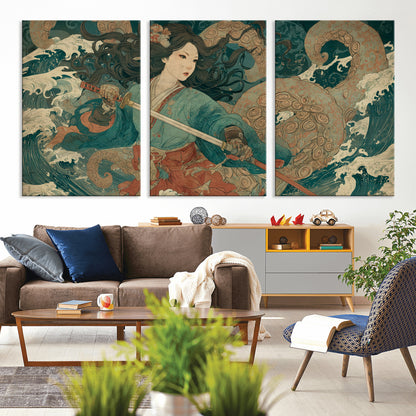 79740258-MGV-CV-36X24-Tsukioka Yoshitoshi Samurai Wall Art Print, Japanese Katana Warrior Canvas Wall Art, Octopus Sea Monster Canvas Print,