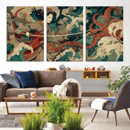 30212982-MGV-CV-36X24-Samurai Woman vs Octopus Wall Art – Japanese Ukiyo-e Style Warrior and Sea Monster Canvas Print, Mythology Inspired Artwork for