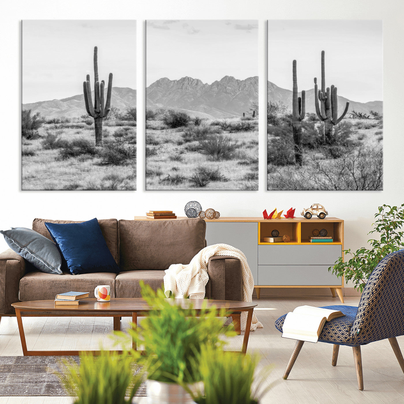 97436PHN-MGV-CV-36X24-Desert Landscape Wall Art – Black and White Cactus and Mountain Canvas Print, Southwestern Nature Photography for Living Room,