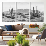 97436PHN-MGV-CV-36X24-Desert Landscape Wall Art – Black and White Cactus and Mountain Canvas Print, Southwestern Nature Photography for Living Room,