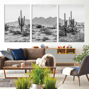 97436PHN-MGV-CV-36X24-Desert Landscape Wall Art – Black and White Cactus and Mountain Canvas Print, Southwestern Nature Photography for Living Room,