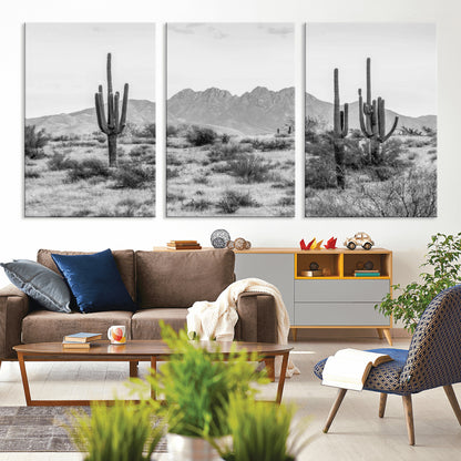 97436PHN-MGV-CV-36X24-Desert Landscape Wall Art – Black and White Cactus and Mountain Canvas Print, Southwestern Nature Photography for Living Room,