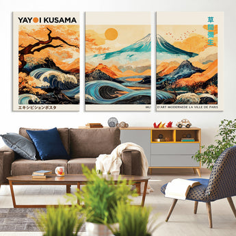 94085549-MGV-CV-36X24-Yayoi Kusama Inspired Japanese Landscape Art Print – Vibrant Mount Fuji, Waves & Autumn Trees, Modern Decorative Poster for