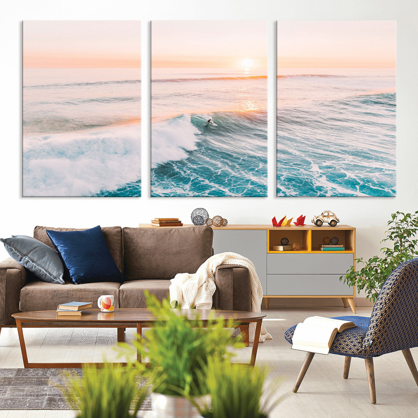 34064591-MGV-CV-36X24-Surfing Wall Art – Sunset Ocean Wave Canvas Print, Surfer Riding Sea Photography Decor for Bedroom, Living Room, Office, Coastal