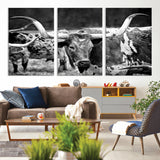 15425553-MGV-CV-36X24-Western Wall Art – Longhorn Cattle Black and White Canvas Print, Rustic Ranch Photography Decor for Bedroom, Living Room, Office,