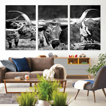 15425553-MGV-CV-36X24-Western Wall Art – Longhorn Cattle Black and White Canvas Print, Rustic Ranch Photography Decor for Bedroom, Living Room, Office,