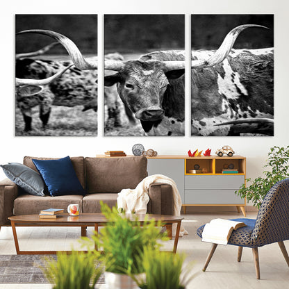 15425553-MGV-CV-36X24-Western Wall Art – Longhorn Cattle Black and White Canvas Print, Rustic Ranch Photography Decor for Bedroom, Living Room, Office,