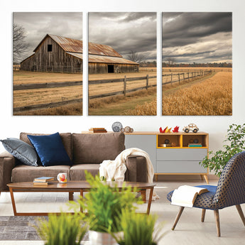 21991117-MGV-CV-36X24-Rustic Barn Wall Art – Weathered Farmhouse Canvas Print, Stormy Sky and Golden Field Photography Decor for Bedroom, Living Room,