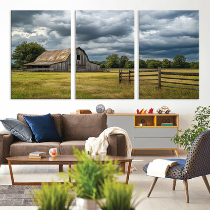 39409517-MGV-CV-36X24-Rustic Barn Wall Art – Weathered Farmhouse and Storm Clouds Canvas Print, Country Landscape Photography Decor for Bedroom, Living
