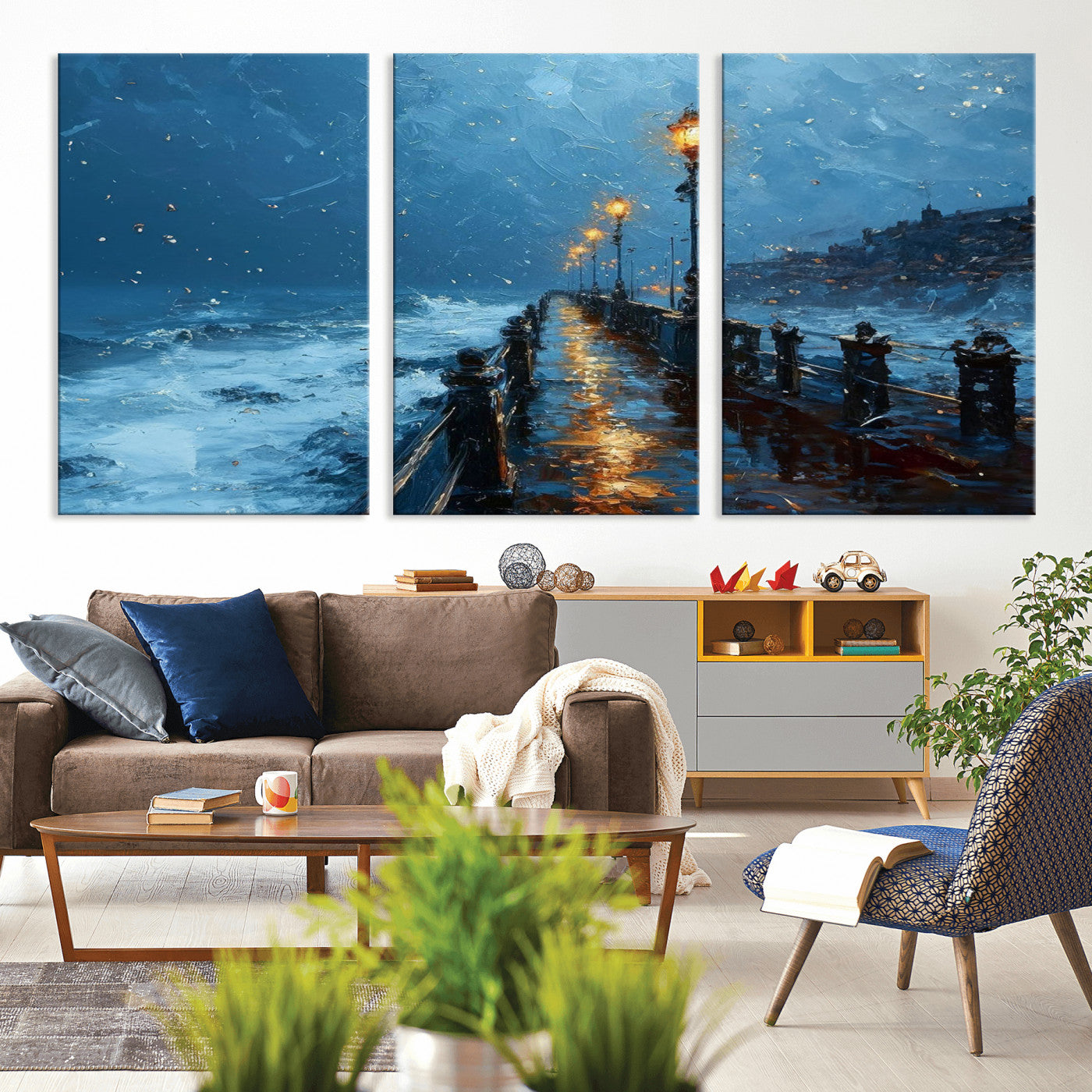 93793246-MGV-CV-36X24-Stormy Night Pier Canvas Wall Art – Moody Ocean Landscape with Lights, Blue Coastal Seascape Print for Bedroom, Living Room,
