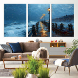 93793246-MGV-CV-36X24-Stormy Night Pier Canvas Wall Art – Moody Ocean Landscape with Lights, Blue Coastal Seascape Print for Bedroom, Living Room,