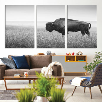 90861202-MGV-CV-36X24-Black and White Bison Canvas Wall Art – Rustic American Buffalo Print, Western Wildlife Photography for Farmhouse, Cabin, Office