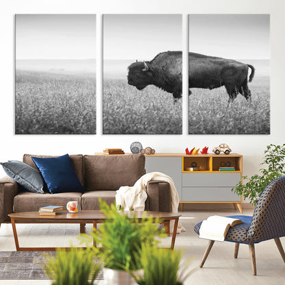 90861202-MGV-CV-36X24-Black and White Bison Canvas Wall Art – Rustic American Buffalo Print, Western Wildlife Photography for Farmhouse, Cabin, Office
