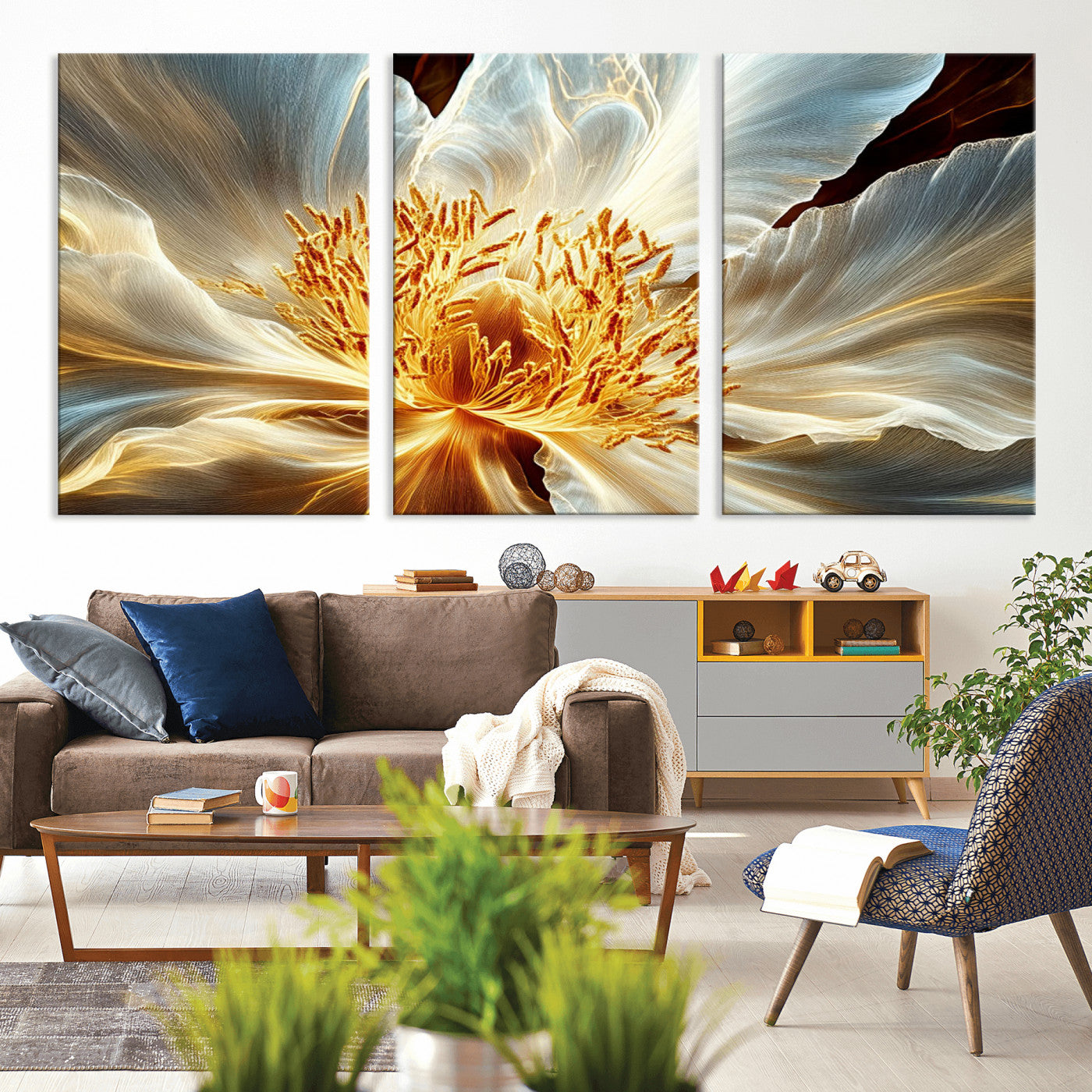 20862576-MGV-CV-36X24-Golden Abstract Flower Canvas Wall Art – Modern Botanical Bloom Print, Elegant Floral Artwork for Living Room, Bedroom, Office