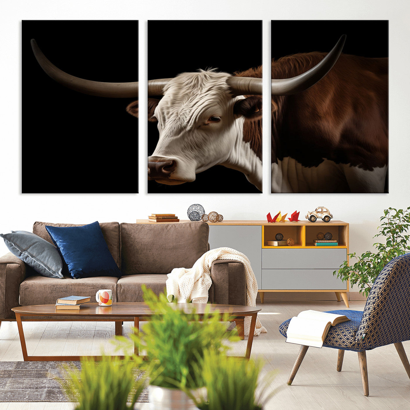 27414857-MGV-CV-36X24-Longhorn Bull Wall Art – Dramatic Western Steer Portrait Canvas Print, Rustic Farmhouse Animal Decor for Living Room, Office, or
