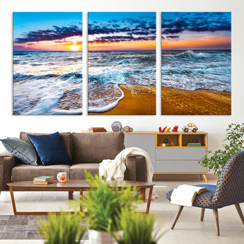 24077769-MGV-CV-36X24-Sunset Beach Wall Art – Ocean Waves Canvas Print, Golden Shoreline Photography Coastal Decor for Living Room, Bedroom, Office,