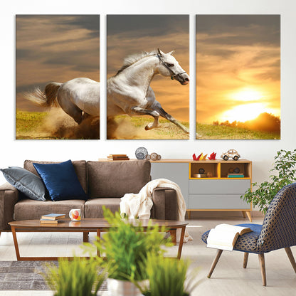 67478480-MGV-CV-36X24-White Horse Running at Sunset Wall Art – Majestic Equestrian Photography Print, Rustic Farmhouse Decor, Golden Sky Horse Lover