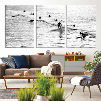 68018616-MGV-CV-36X24-Black and White Surf Photography Print – Minimalist Ocean Wall Art, Surfers Riding Waves, Coastal Beach Decor for Modern Home or