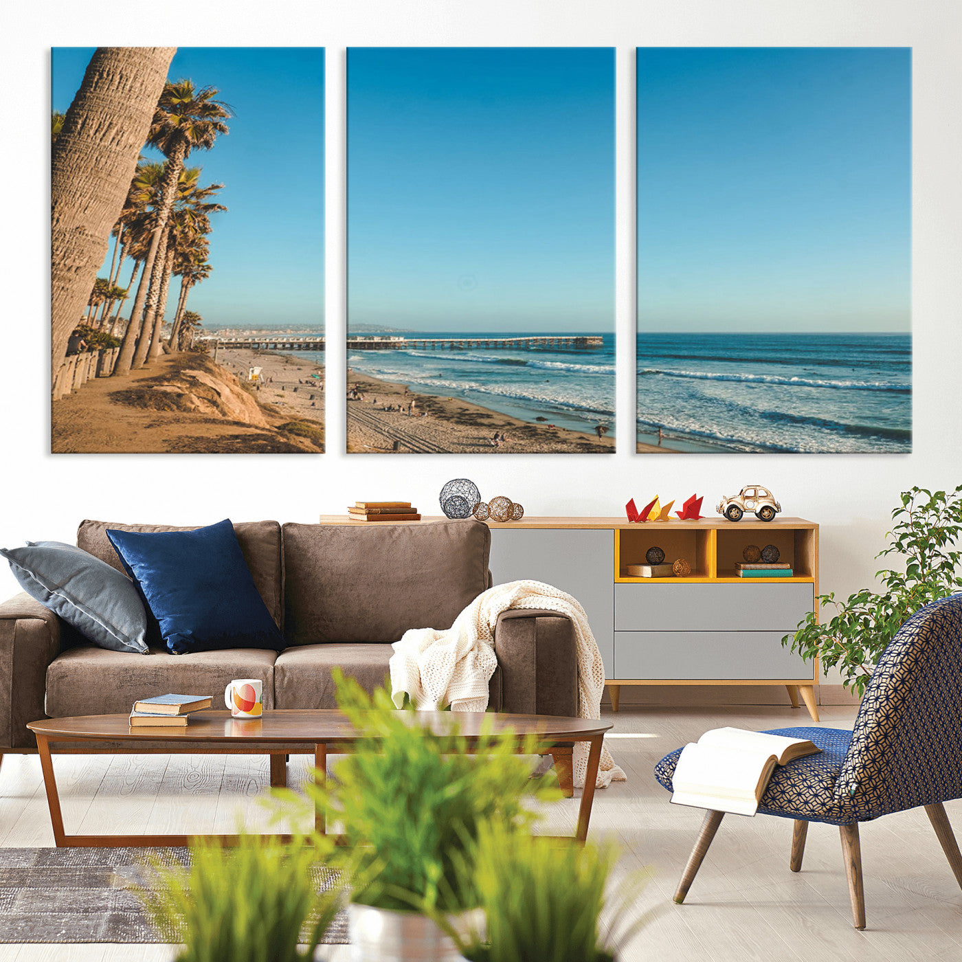 92568259-MGV-CV-36X24-California Beach Wall Art – Palm Tree Pier Canvas Print, Coastal Ocean Photography Seaside Decor for Living Room, Bedroom, Office,