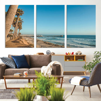 92568259-MGV-CV-36X24-California Beach Wall Art – Palm Tree Pier Canvas Print, Coastal Ocean Photography Seaside Decor for Living Room, Bedroom, Office,