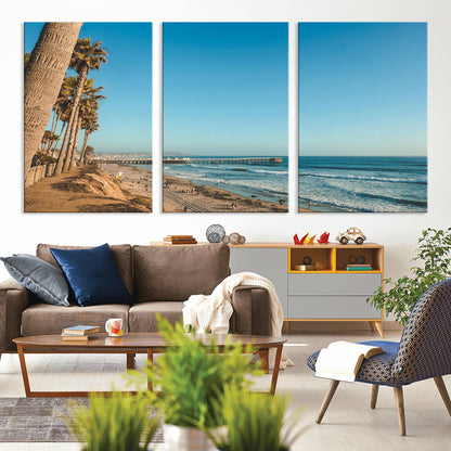 92568259-MGV-CV-36X24-California Beach Wall Art – Palm Tree Pier Canvas Print, Coastal Ocean Photography Seaside Decor for Living Room, Bedroom, Office,