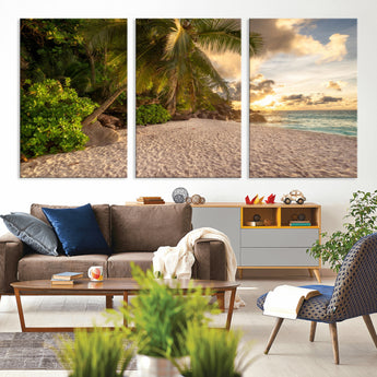 89531159-MGV-CV-36X24-Tropical Beach Sunset Canvas Wall Art – Palm Trees Golden Sand Ocean Waves Coastal Paradise Print for Beach House Bedroom Bathroom