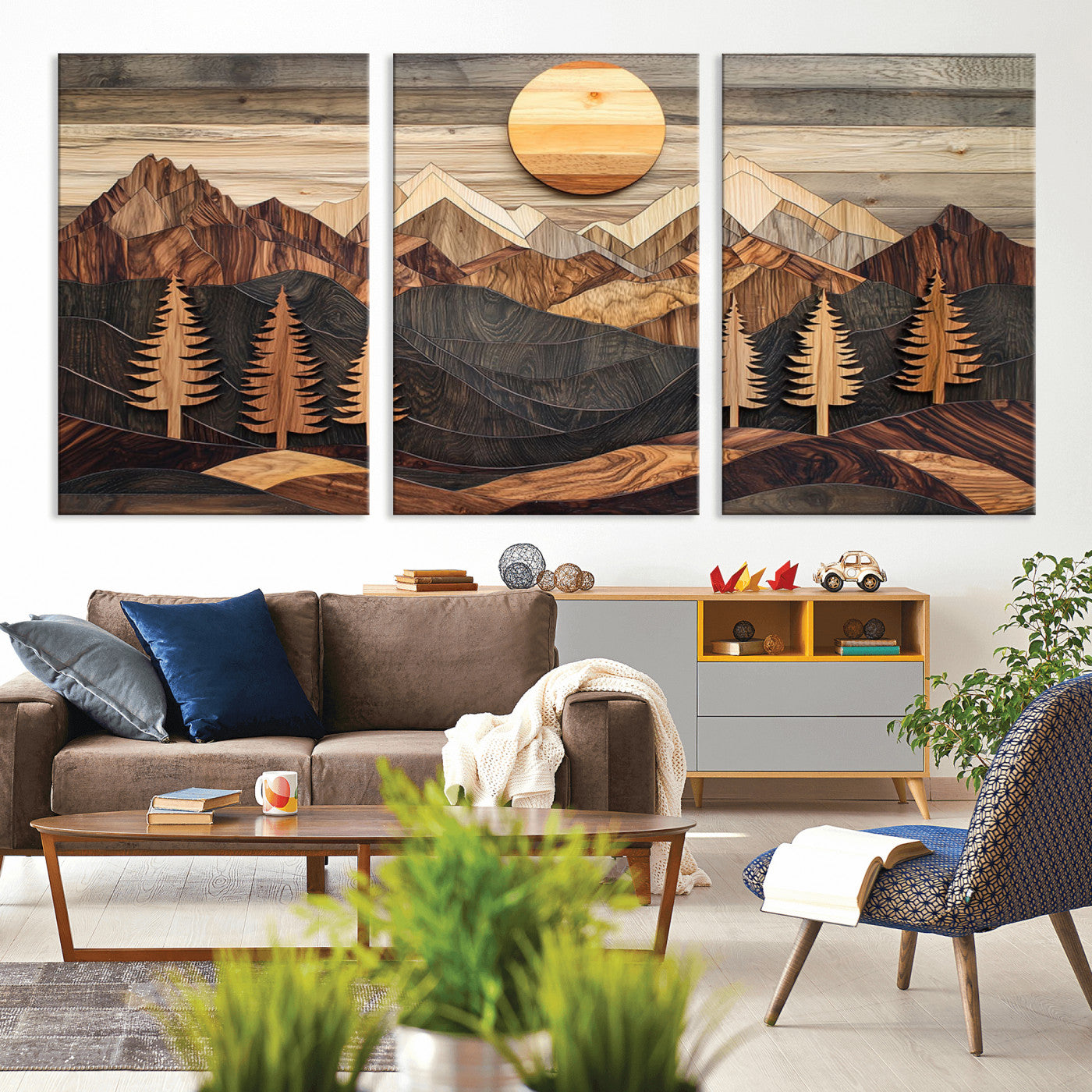 90044381-MGV-CV-36X24-Rustic Wall Art – Wooden Mountain Landscape with Sun and Pine Trees, Handcrafted Nature Canvas Style Decor for Bedroom, Living