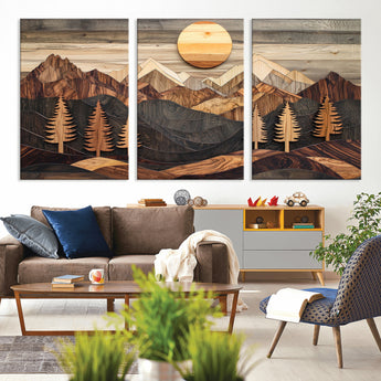 90044381-MGV-CV-36X24-Rustic Wall Art – Wooden Mountain Landscape with Sun and Pine Trees, Handcrafted Nature Canvas Style Decor for Bedroom, Living