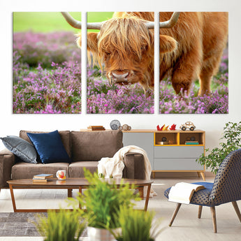 64069351-MGV-CV-36X24-Farmhouse Wall Art – Highland Cow in Wildflowers Canvas Print, Rustic Country Cattle Photography Decor for Bedroom, Living Room,