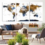 MGV-CV-60X30-3P - World Map Wall Art Canvas Print, Framed Blue Gold Map Art Picture Print, Rustic Atlas Perfect Rustic Modern Decor Artwork