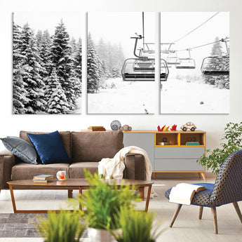 49274-MGV-CV-36X24-Snowy Forest Wall Art Canvas Print, Framed Ski Lift Art Picture Print, Mountain Snow Perfect Minimal Winter Lodge Decor Artwork