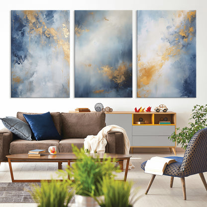 41836-MGV-CV-36X24-Abstract Gold Wall Art Canvas Print, Framed Blue Layers Art Picture Print, Elegant Cloud Perfect Elegant Minimalist Decor Artwork