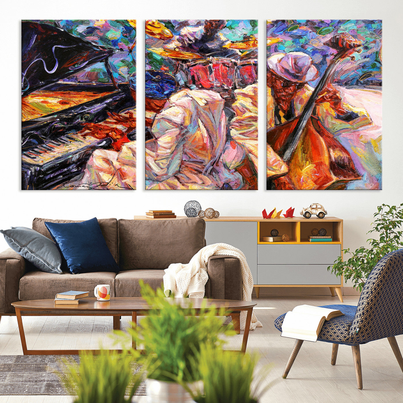 13675-MGV-CV-36X24-Jazz Band Wall Art Canvas Print, Framed Jazz Oil Painting Art Picture Print, Vibrant Music Perfect Abstract Musical Decor Artwork