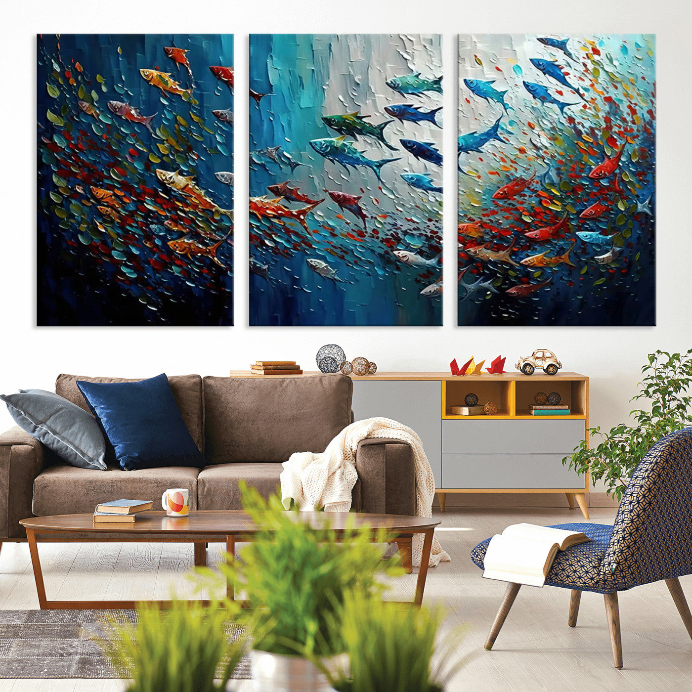 89626-MGV-CV-36X24-Fish Swarm Wall Art Canvas Print, Framed Abstract Ocean Art Picture Print, Underwater Life Perfect Vibrant Coastal Decor Artwork