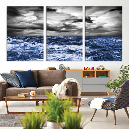 91043-MGV-CV-36X24-Stormy Ocean Wall Art Canvas Print, Framed Moody Seascape Art Picture Print, Monochrome Sea Perfect Coastal Drama Decor Artwork