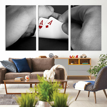 62460-MGV-CV-36X24-Poker Game Wall Art – Close Up of Hands Holding Aces with Chips, Casino Style Decor for Game Room, Man Cave or Office