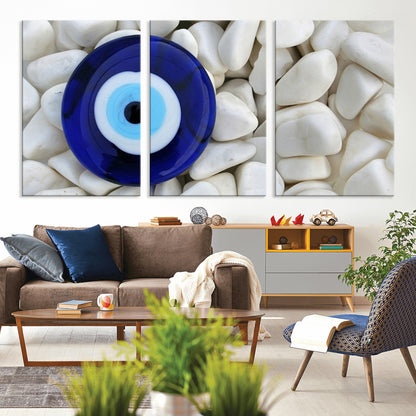 48883-MGV-CV-36X24-Evil Eye Wall Art – Deep Blue Symbol of Presence and Calm on White Stones, Subtle Spiritual Decor for Entryway, Studio, Office or